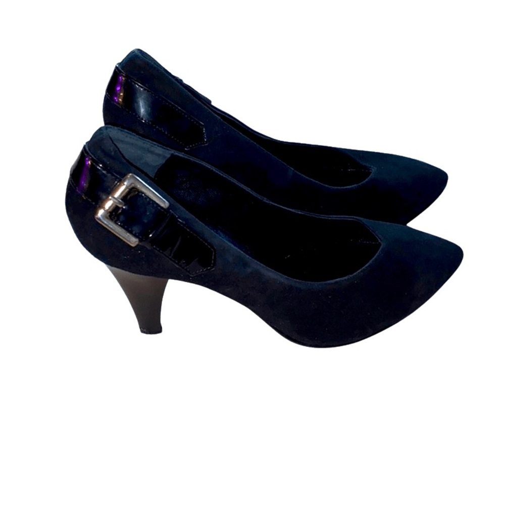 Black quality suede high heels with buckle design (pointy-toed)